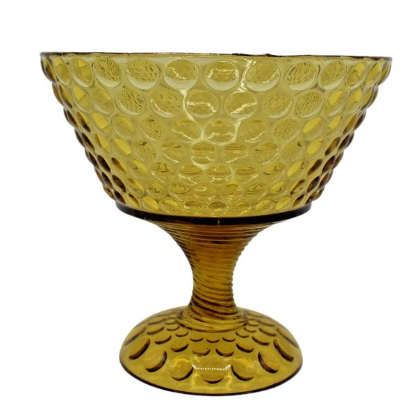 Antique Amber Gold Atterbury Glass Coin Raindrop Polka Dot Pedestal Compote Bowl - Picture 2 of 6